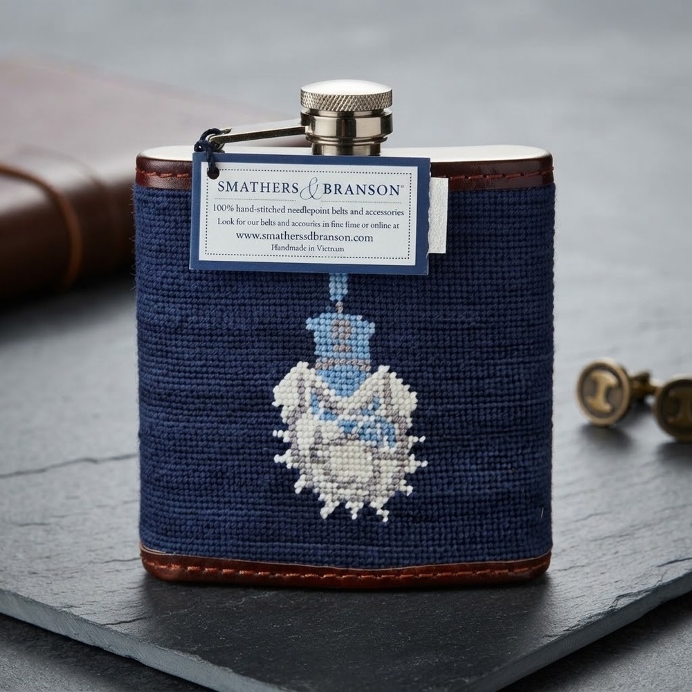 Smathers & Branson Flask Citadel Bulldogs Needlepoint Flask Leather Trim NWT